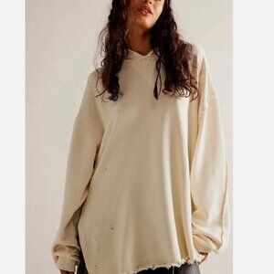 NWT Free People Everyday Hoodie Sweatshirt Oversize Distress Harbor Fog Ivory
